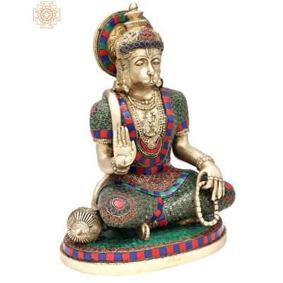 Magnifique Hanuman incrusté de pierre de 12,5 po avec lord Rama résidant dans sa commode | Fait à la main | Statue de lord Hanuman