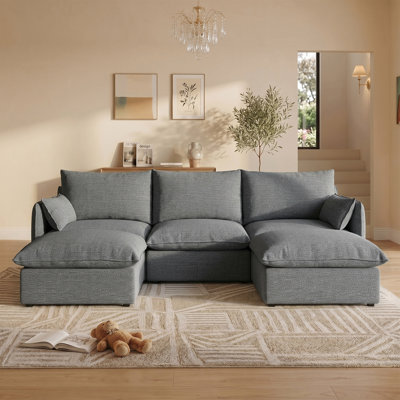Upholstered Cloud Sofa, 5 Seater Modular Sectional Sofa, Modern Down Filled Comfort Sofa With 2 Ottoman and Romvable Cover for Living Room, Deep Seat