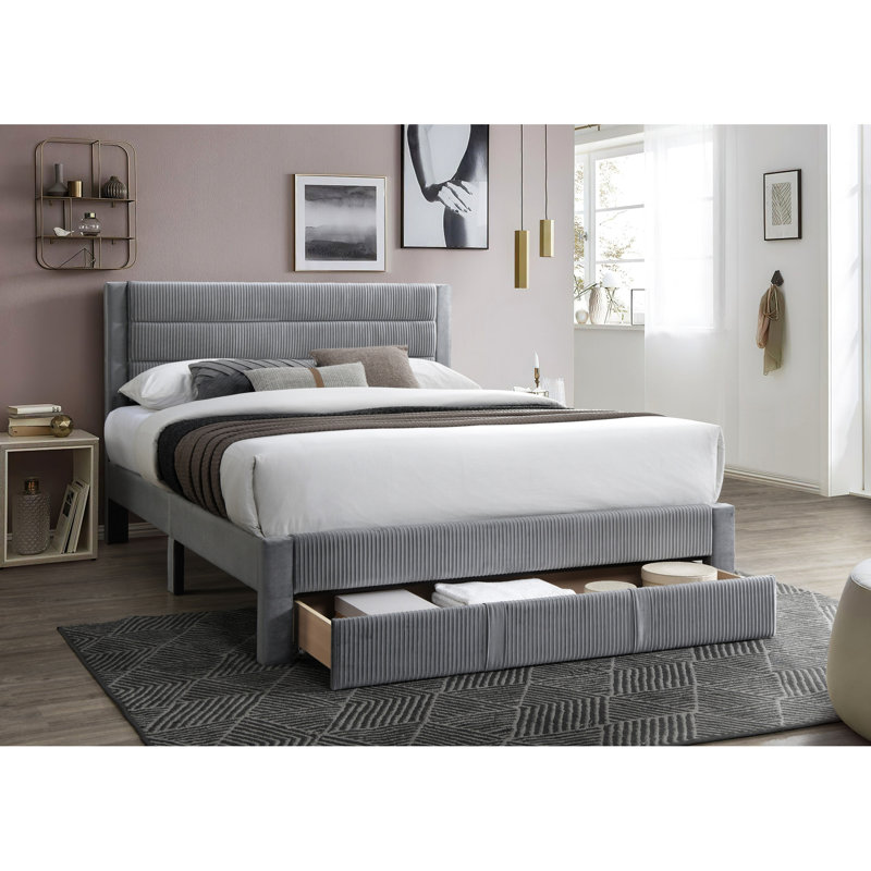 Grand lit moderne de couleur grise avec tête de lit tapissier et tiroir de rangement en velours côtelé, Gris