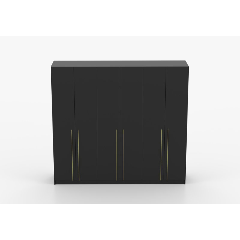 Demeta 6 Door Laminate Wardrobe, Black front/Black doors, gold handles