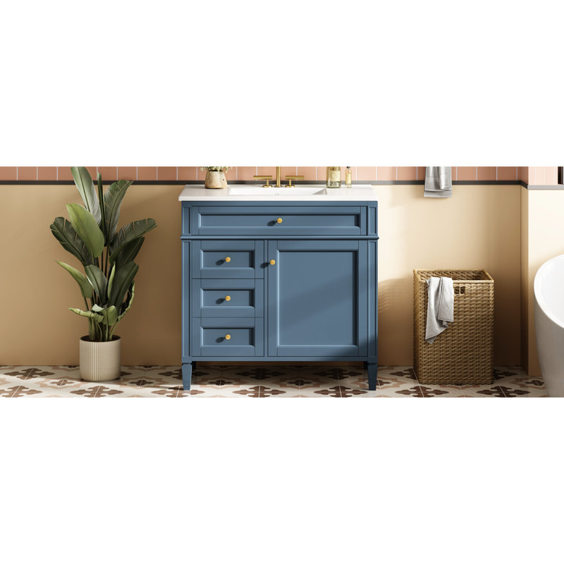 Meuble-lavabo moderne de 36 po avec lavabo en céramique, 3 tiroirs et 1 armoire de rangement, tablette réglable, organisateur de porte d'armoire, glissières de tiroir en métal lisse, poignée texturée exquise à pieds romains