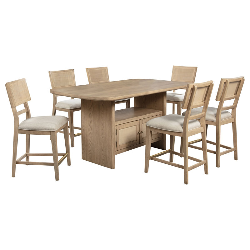 Coriene 7-Piece Counter Height Dining Set with 6 Upholstered Chairs, Beige Oak, 7 Pieces: Table, 6 Chairs