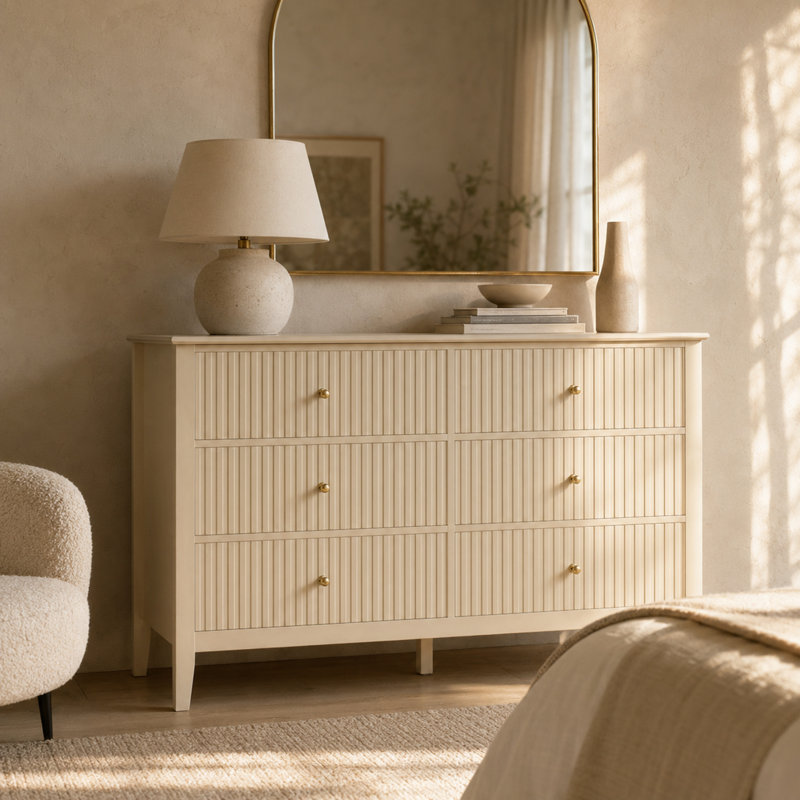 Commode 6 tiroirs 47,2 "avec façades cannelées, Beige