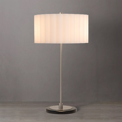Slimline Table Lamp with Satin Nickel Steel Body and Base, White Linen Drum Shade, Modern Style, Dimmable, Ideal for Bedrooms and Living Rooms