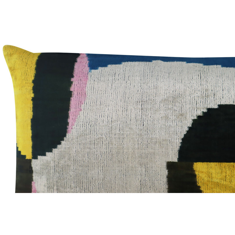 Velvet Lumbar Pillow Cover & Insert, Blue/Gray/Yellow Geometric 1