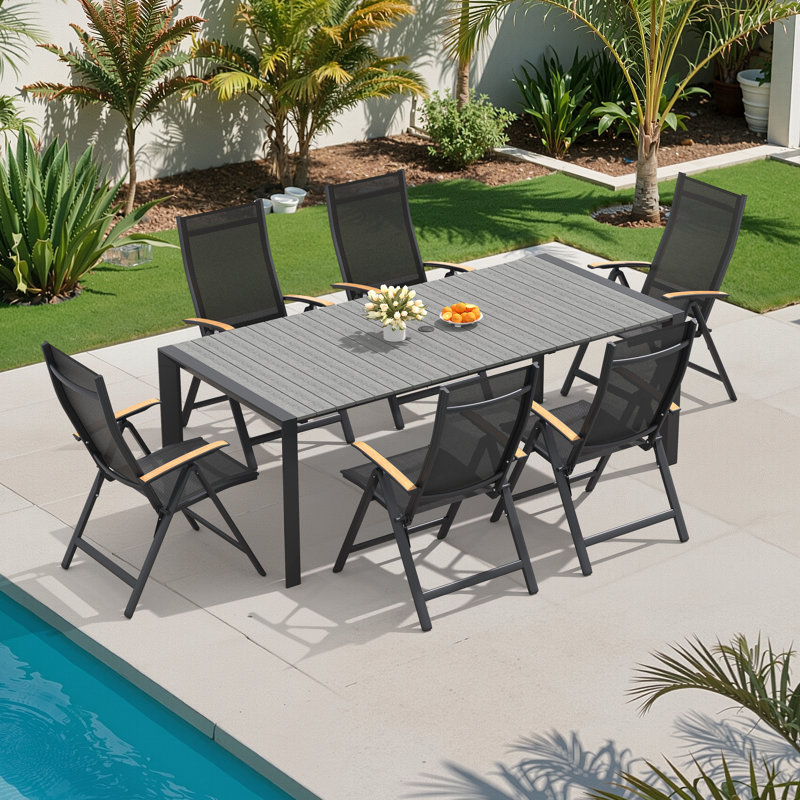 Ensemble de salle à manger rectangulaire en aluminium pour 6 personnes avec trou pour parasol et fauteuils inclinables pliés