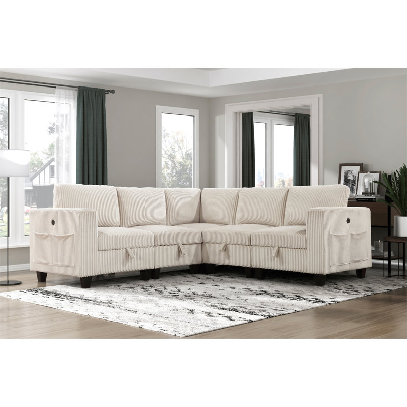 5-Piece Modular Sectional With Storage Seats, Beige Fabric