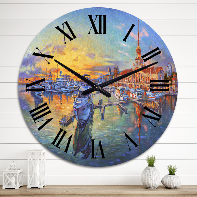 Coucher de soleil au port maritime - Horloge murale nautique et côtière, Moyen