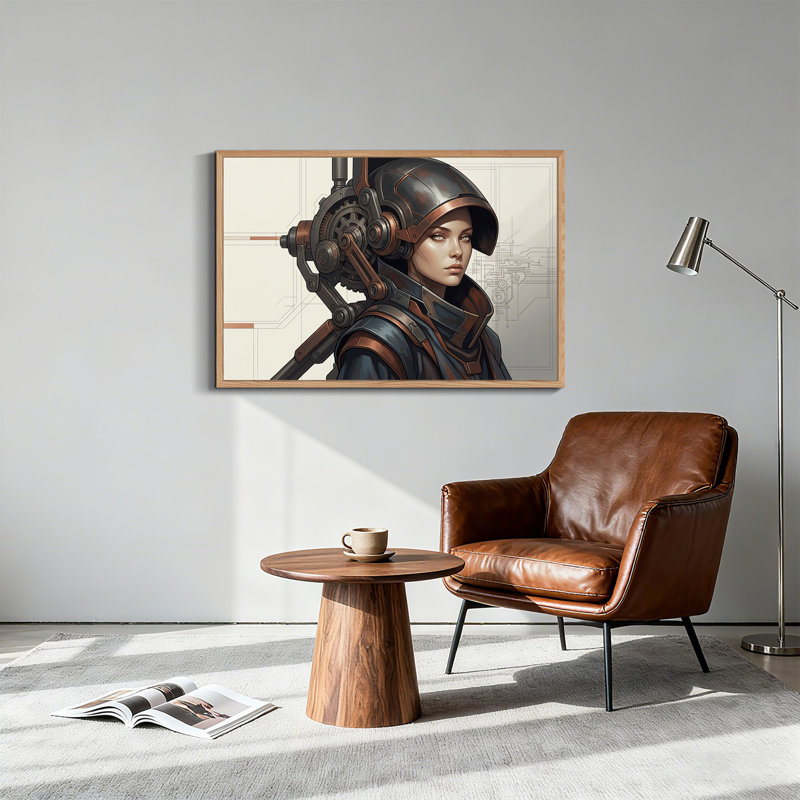 Femme futuriste avec engrenages en bronze et croquis techniques - Tableau sur toile, 32"H x 48"W