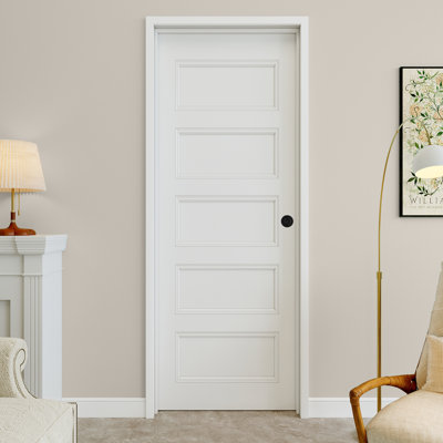 Porte intérieure pré-suspendue 30 po x 80 po à 5 panneaux avec levier incurvé et charnières noires et cadre gauche, peint et imperméable, combinaison pour la lessive, portes de placard, portes de pièce