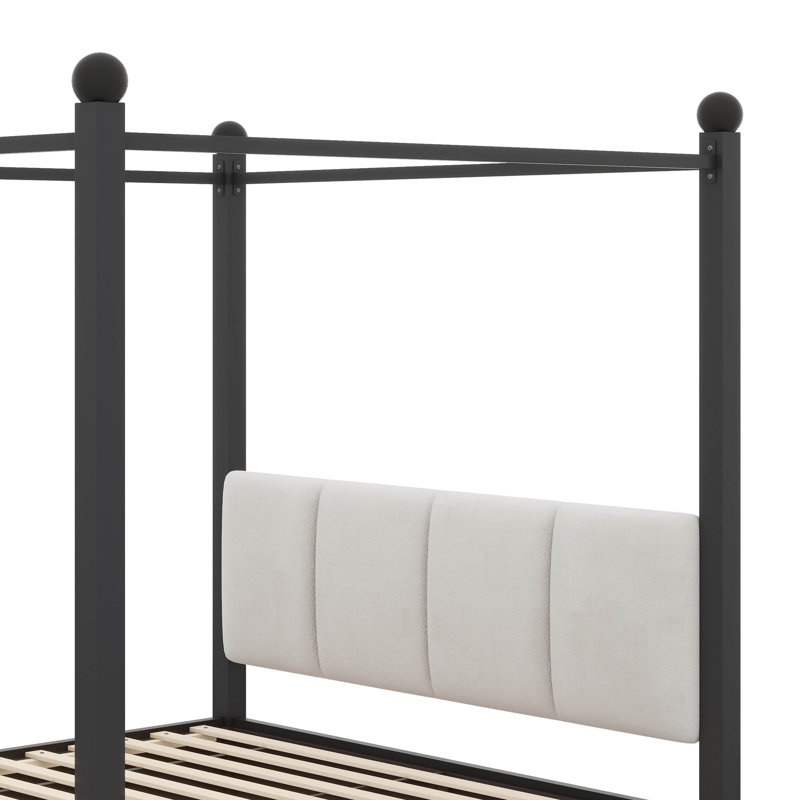 Lit plateforme avec auvent, tête de lit rembourrée et fabrication en métal, Queen, Black