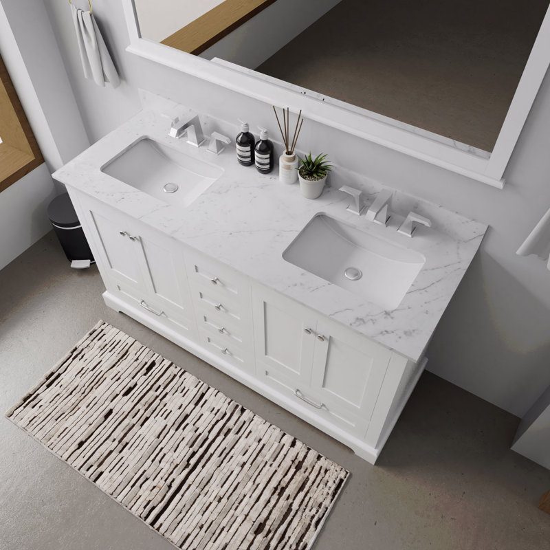 Ensemble de meuble-lavabo double 60 po x P 22 po avec plateau en marbre de Carrare et robinet, Blanc