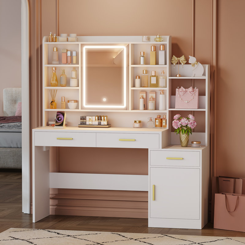 39.3''  Vanity Desk with HD Mirror and Lights,  Makeup Vanity with Power Strip, 3 Drawers and 9 Storage Shelves, Storage Behind the Mirror, Dressing Table with Bedside Table, White