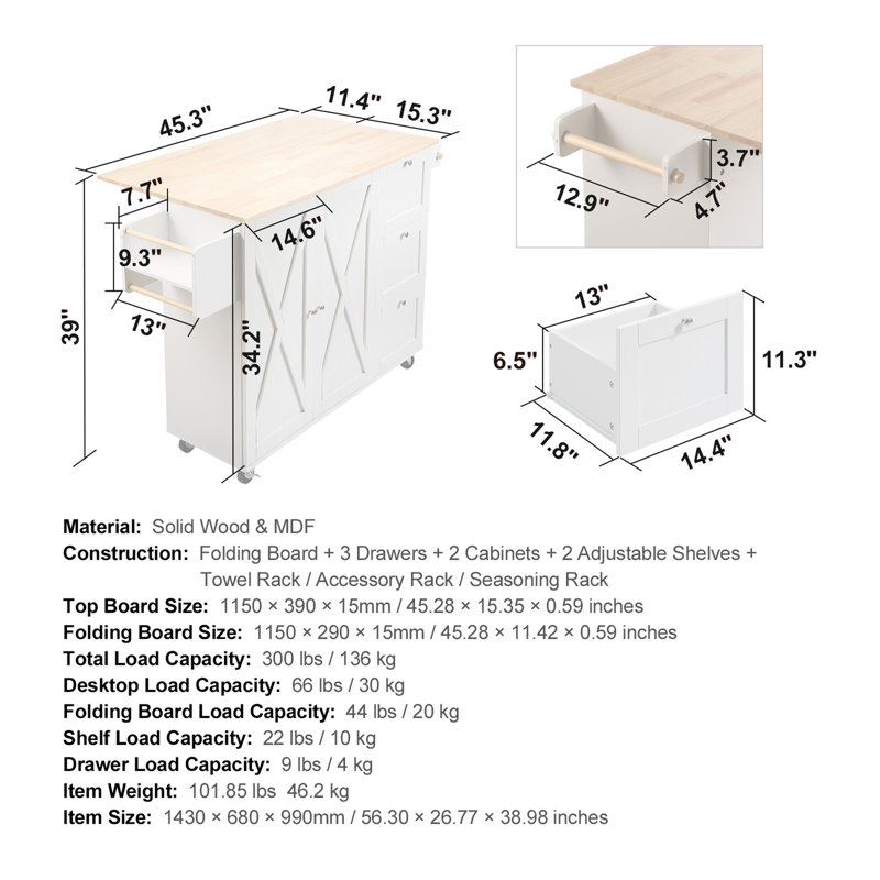 Îlot de cuisine avec plateau en bois massif, chariots mobiles d'une largeur de 45,3 po avec armoire de rangement, table de cuisine roulante avec support à épices, porte-serviettes, abattant et tiroir, îlots sur roulettes portables
