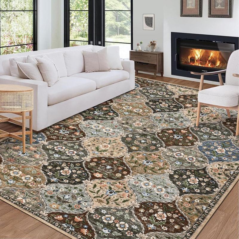 Washable Vintage Runner Rug, Non-Slip, Low Pile, Stain-Resistant, Boho Throw Carpet for Kitchen, Hallway, Living Room, Bedroom, Red/Brown.