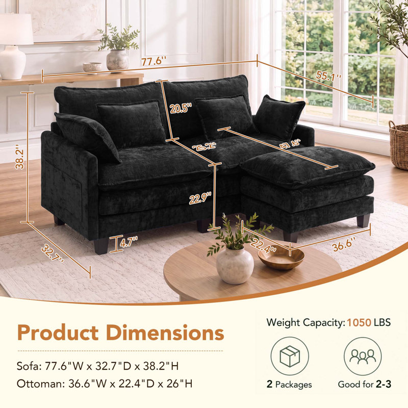 Canapé modulaire en chenille 3 pièces avec coussins de siège à deux couches, quatre coussins et un repose-pieds