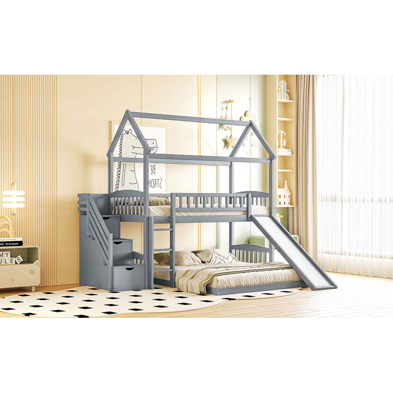 Lit superposé double au-dessus de simple avec glissade, lit maison avec glissade, Gris