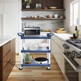 Plastic Utility Carts with Wheels, 3-Tier Restaurant Cart, Heavy Duty Rolling Cart Food Service Cart 420LBS, Bus Cart with Lockable Wheels and Rubber Hammer