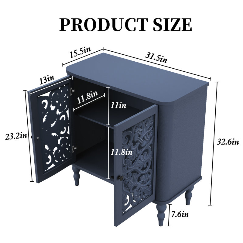 Buffet 31,5 "vintage sculpté avec tablettes réglables et pieds en bois massif, bleu, Bleu