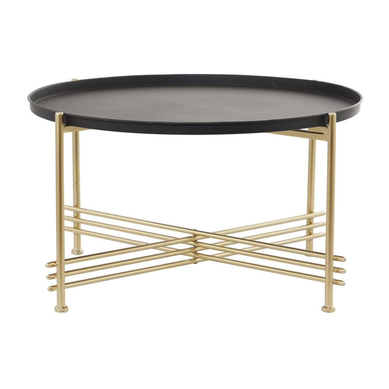 Metal Tray Top Black Coffee Table with Gold X-Shaped Base