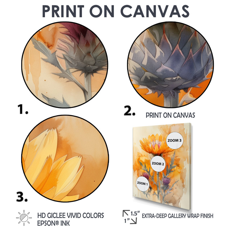 «Morning Summer Yellow Thistle I - Thistle», art mural, Toile encadrée blanche avec une seule photo