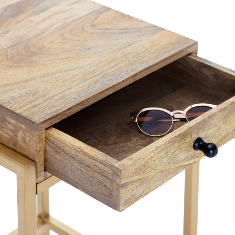 Sidney Beige Mango Wood and Gold Metal Storage Side Table
