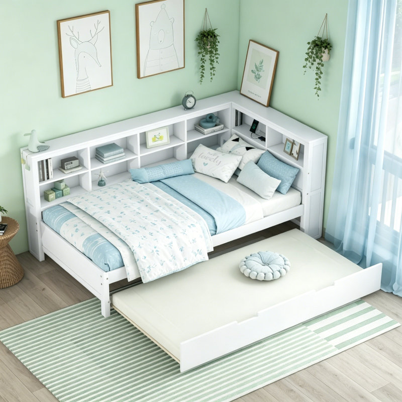Wooden Daybed With Twin Size Trundle Bed And Shelves,USB Port, Twin, White