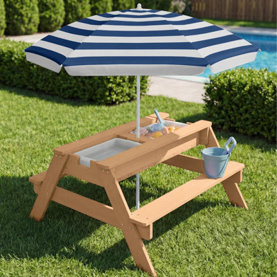 Table de pique-nique Best S Kids avec parasol, table de sable et d'eau 3-en-1, table de pique-nique d'extérieur convertible pour tout-petits, 4 sièges, plateau amovible, 2 seaux