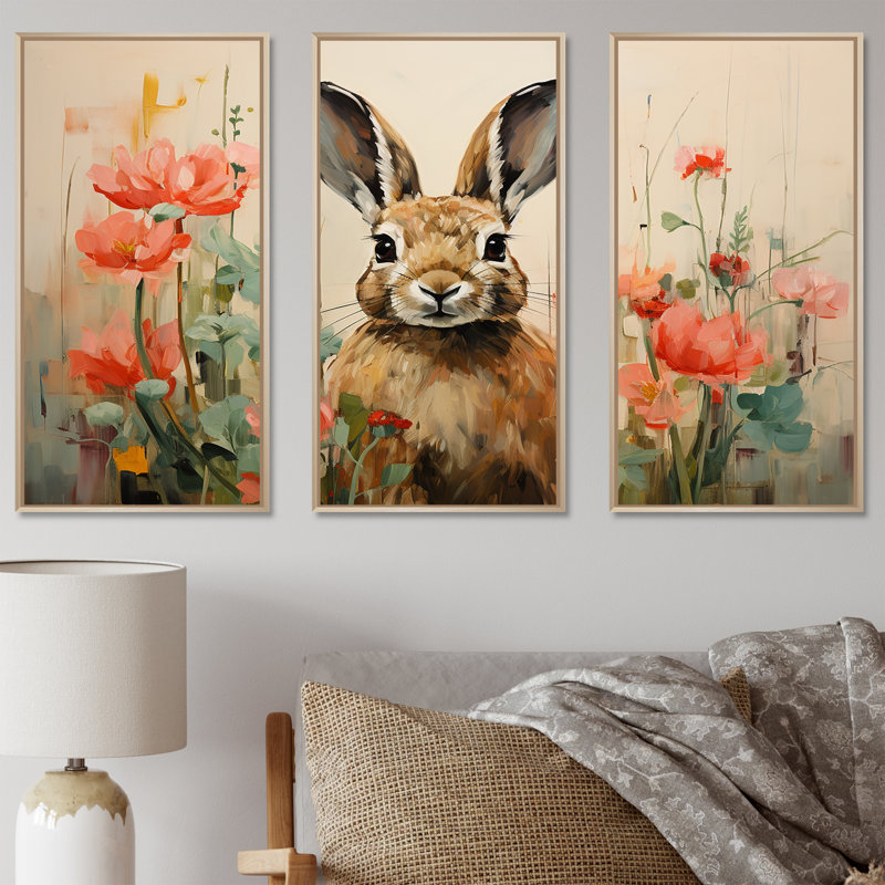 Curious Floral Rabbit Meadow I - Lapin, art mural animal, H 28 po x l 36 po, Cadre flottant brun