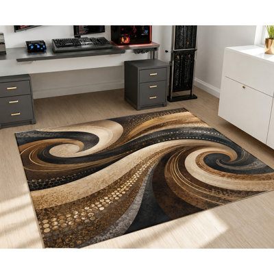 Brown Gold Black Flowing Lines Abstract Swirl Modern Velvet Area Rug, Non‑Slip Back, Decorative Floor Carpet, Vibrant Indoor Home Decor for Living Room, Bedroom, Entryway, Kitchen, Office