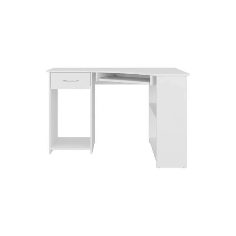 Bureau en coin en forme de L avec deux tablettes latérales peu encombrantes, blanc
