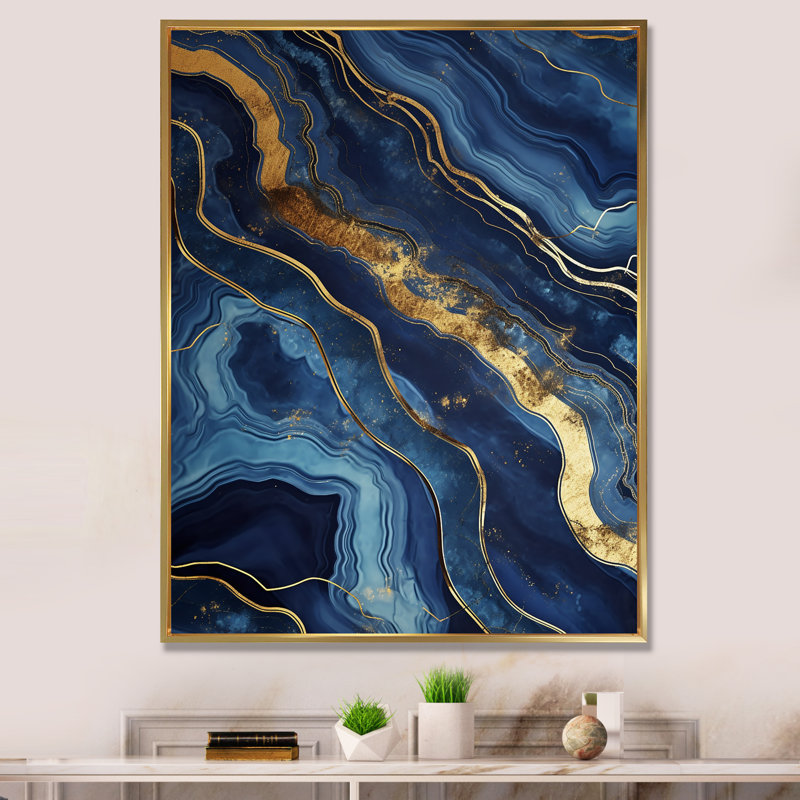 Bleu et or abstrait marbre mirage I - décoration murale en marbre, Cadre flottant doré, 32" H x 24" W
