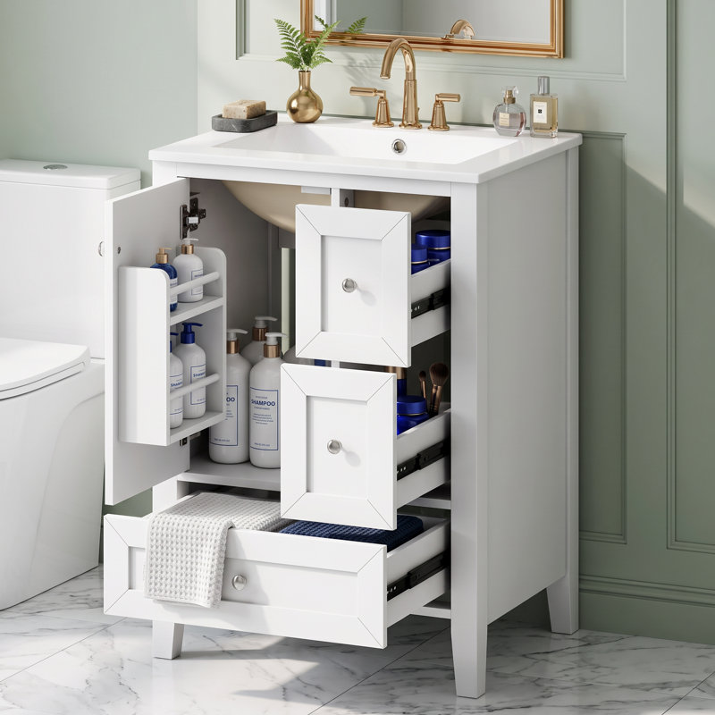 Meuble-lavabo autoportant 24 po en bois massif + panneau de fibres à densité moyenne avec lavabo intégré en céramique, armoire de bain blanche avec tablettes de rangement, porte à fermeture en douceur, 3 tiroirs et poignées
