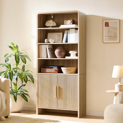 Modern Wood Grain Bookcase With Fluted Doors And Open Storage Shelves, Natural