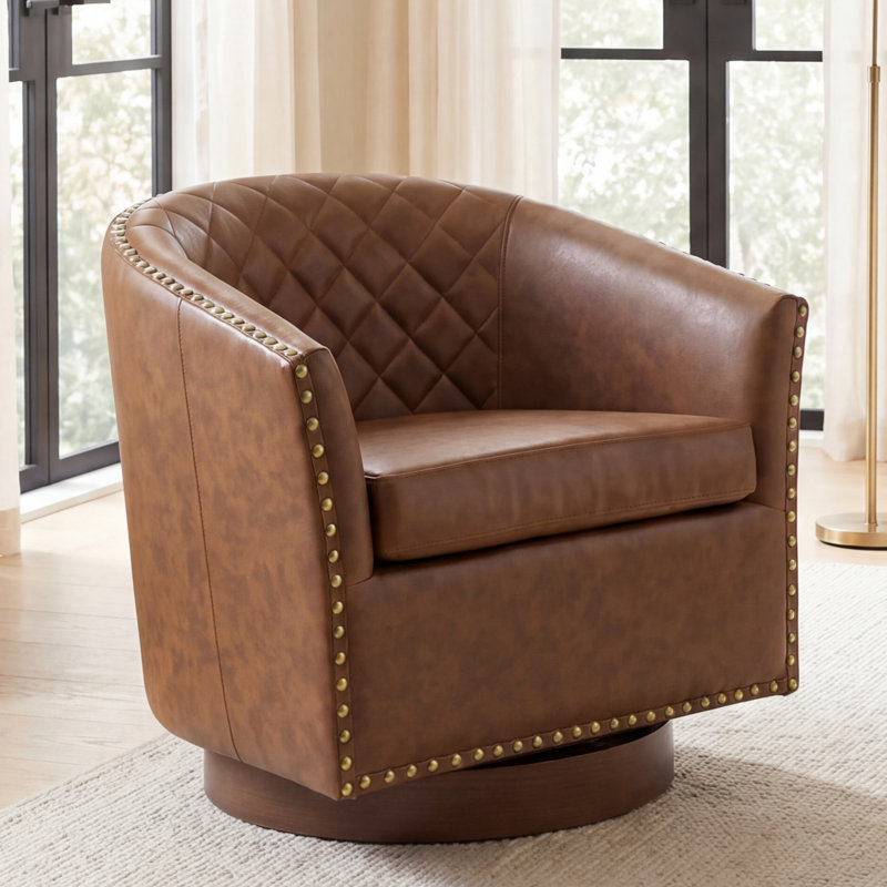 Fauteuil d'appoint moderne pivotant en cuir avec garniture cloutée capitonnée, Cognac