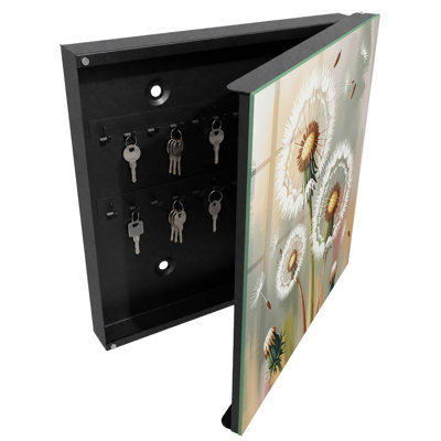 Key cabinet, Opens to the right, 30x30x5, Black, Dandelions on a gray-beige background, 