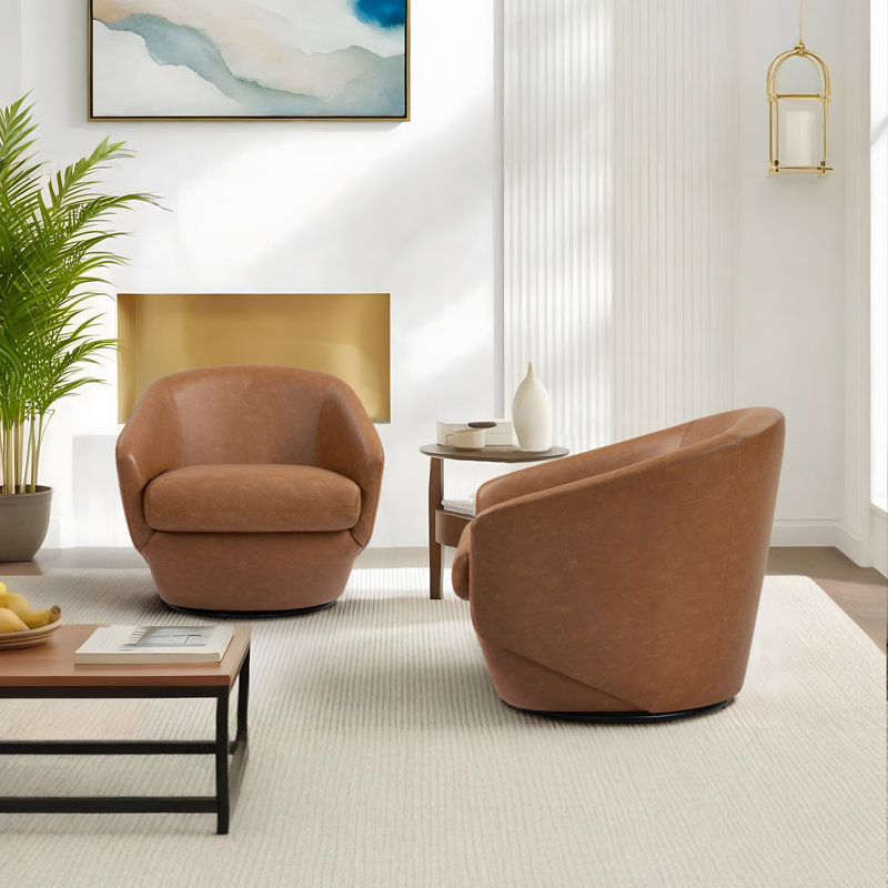 Aunna 76.2Cm Wide Swivel Barrel Chair, Brown Faux Leather