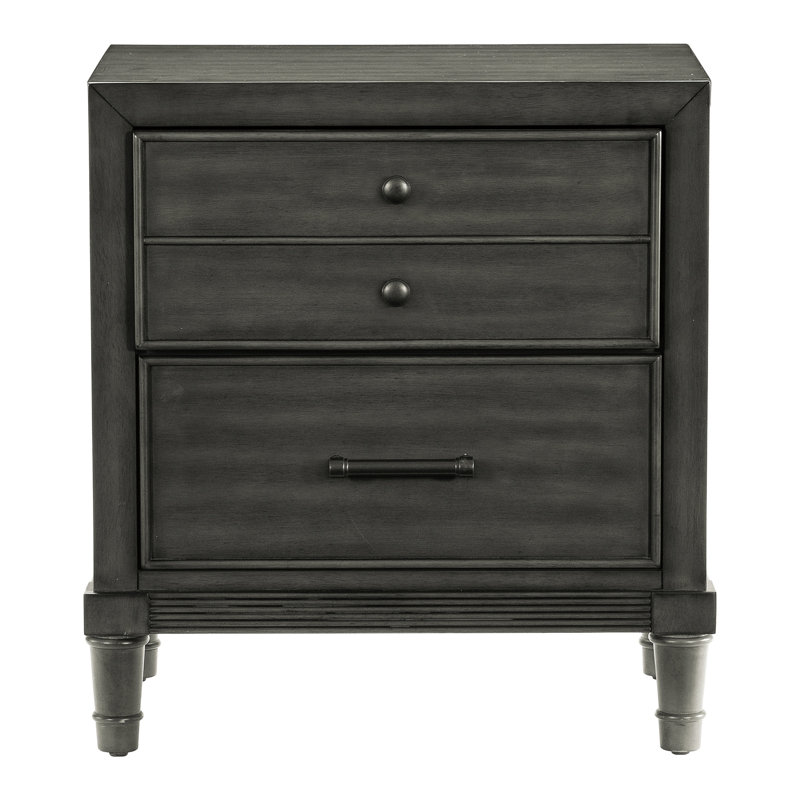 2 tables de chevet grises pour l'esthétique de la chambre à coucher et une utilisation pratique transitionnelle avec tiroirs fonctionnels