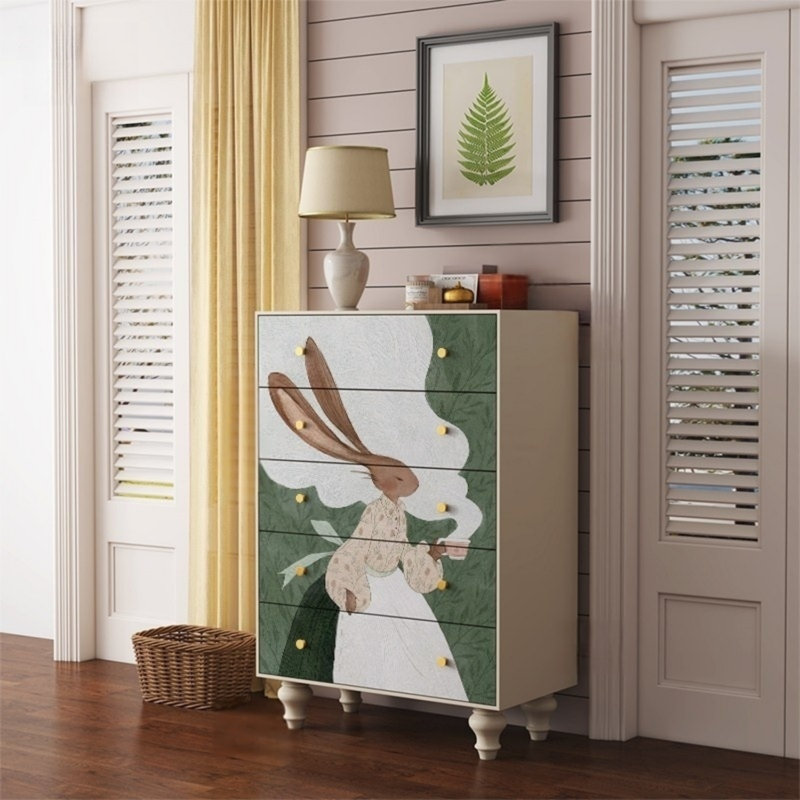 Commode décorative à cinq tiroirs Retro, Blanc ivoire