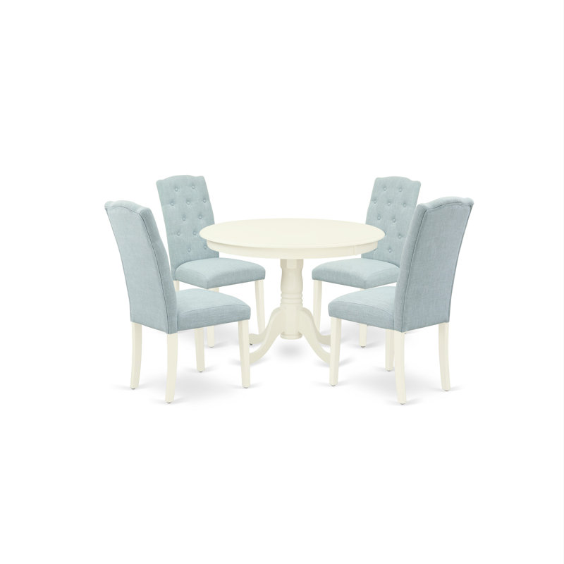 Hanzhe Rubberwood Solid Wood Dining Set, Linen White, Baby Blue, 5 Pieces: Table, 4 Chairs