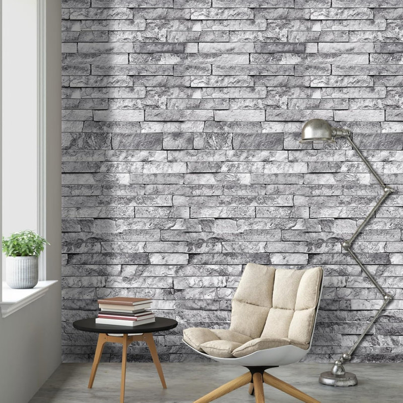 Grey Brick Wallpaper Peel and Stick 4 Rolls 40 x 300cm, Retro Faux 3D Rock Stone Textured Contact Paper
