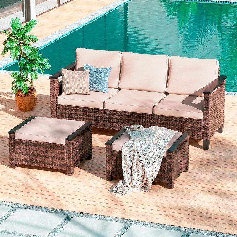 3-Seater Sofa & Ottomans PE  Rattan Patio Sofa Set With Thick Cushions and Sturdy Frame, Sand