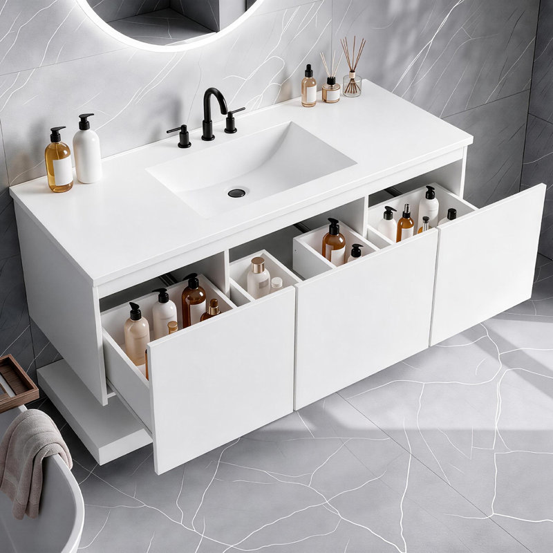 Armoire de salle de bain murale 48 po, meuble-lavabo flottant en panneau de fibres à densité moyenne avec 3 tiroirs et tablette inférieure ouverte, meuble-lavabo peint en blanc avec design sans poignée, comptoir de lavabo en composite