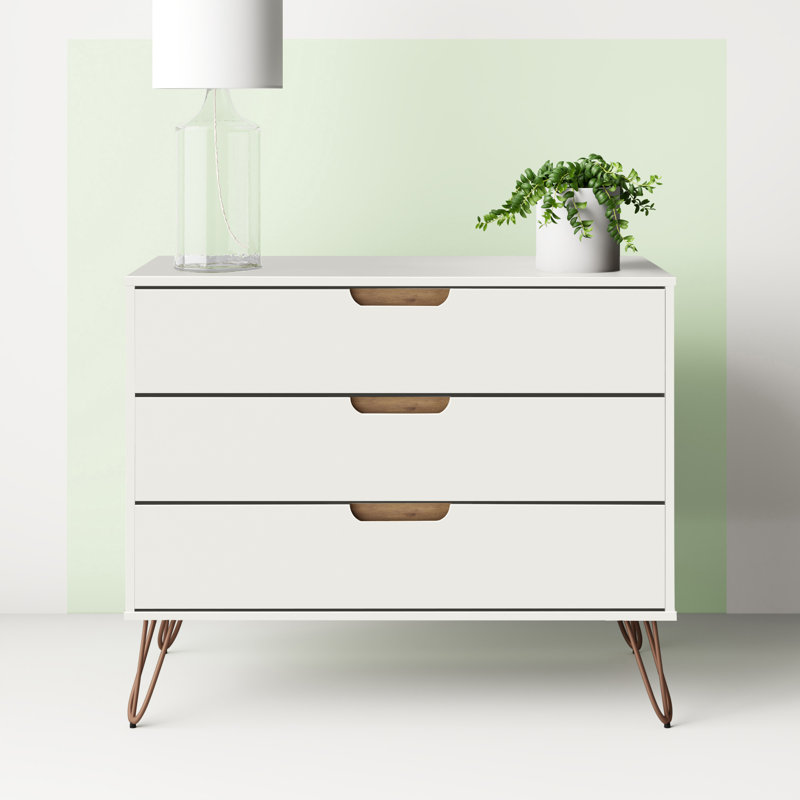 Rockefeller 35" Mid-Century Modern 3-Drawer Bachelor's Chest in Off White and Nature, Off White/Natural