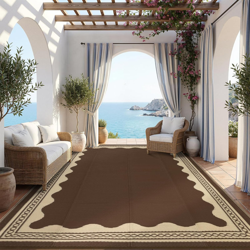 Tapis extérieur festonné et imperméable pour terrasse de camping, 10 x 14 pi (brun pivoine / café)