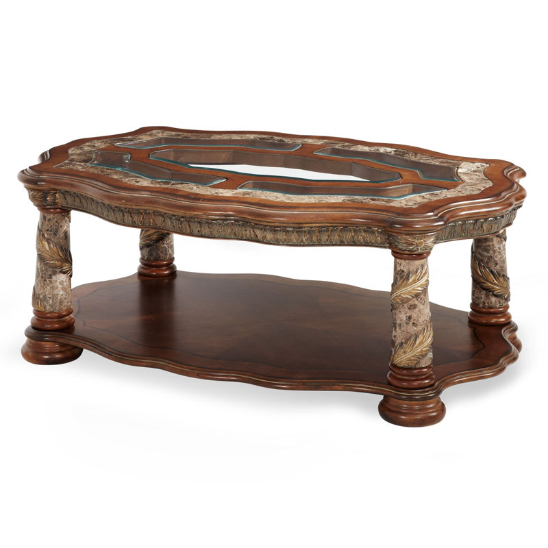 Classic Chestnut Rectangular Wood and Glass Cocktail Table with Marble Legs