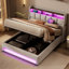 Lit tapissier grand avec options de rangement pratiques et à DEL - Douille naturelle au design moderne-886214915-886214916