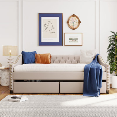 Upholstered Daybed With Two Drawers, Wood Slat Support