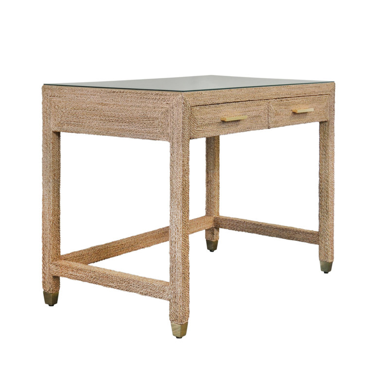 Two Drawer Desk in Wrapped Rope with Glass Top and Brass Foot Caps