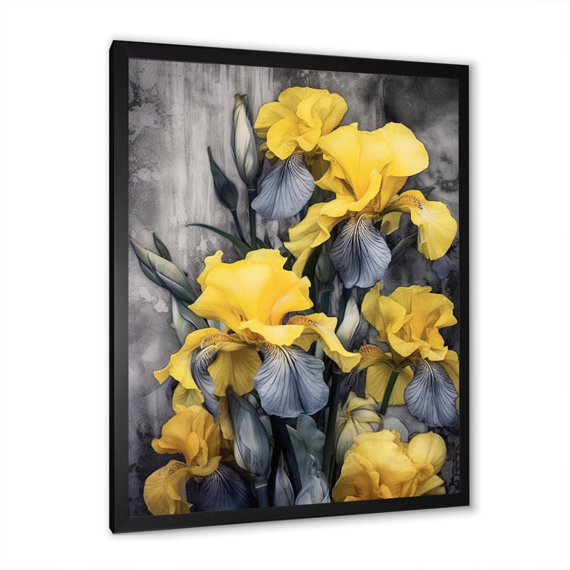 Art mural mural jaune et gris jaune Iris I, H 20 po x l 12 po x P 1 po, Cadre simple noir